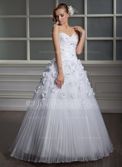 Ball-Gown Sweetheart Floor-Length Organza Satin Wedding Dress With Lace Beadwork Flower(s) (002006700)