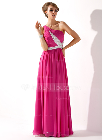 A-Line/Princess One-Shoulder Floor-Length Chiffon Evening Dress With Ruffle Beading Sequins (017005592)