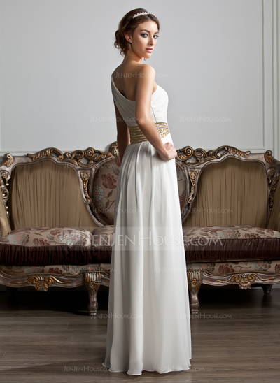 A-Line/Princess One-Shoulder Floor-Length Chiffon Prom Dress With Ruffle Beading (018020706)