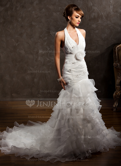 Mermaid Halter Chapel Train Organza Wedding Dress With Ruffle Beadwork Flower(s) (002012775)
