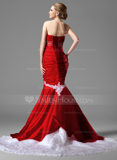 Mermaid Sweetheart Chapel Train Taffeta Lace Wedding Dress With Ruffle Beadwork (002000478)