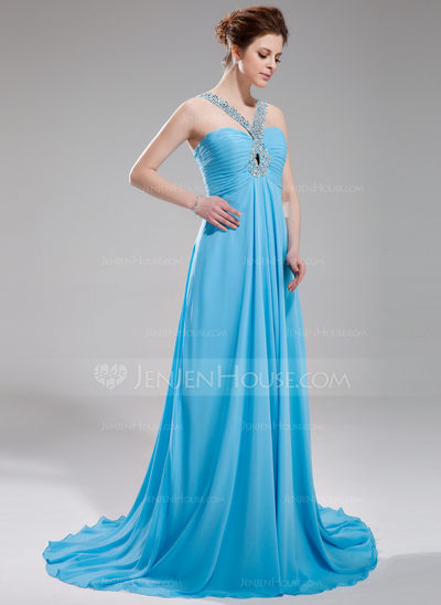 Empire V-neck Sweep Train Chiffon Evening Dress With Ruffle Beading (017004349)