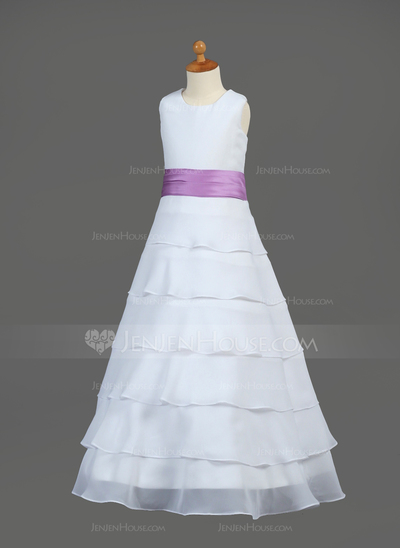 A-Line/Princess Scoop Neck Floor-Length Chiffon Charmeuse Flower Girl Dress With Sash Flower(s) (010002146)
