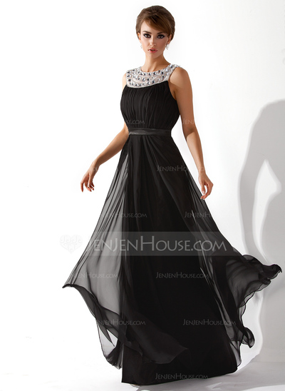 A-Line/Princess Scoop Neck Floor-Length Chiffon Tulle Evening Dress With Ruffle Beading (017020923)