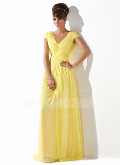 Vestidos princesa/ Formato A Decote V Vestidos longo Tecido de seda Vestidos de baile com Pregueado Bordado (018005580)
