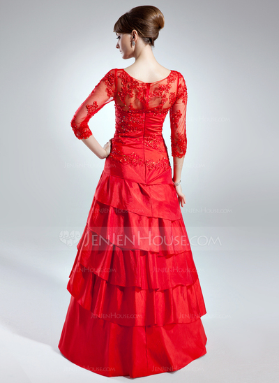 A-Line/Princess Scoop Neck Floor-Length Taffeta Tulle Mother of the Bride Dress With Lace Beading (008006255)