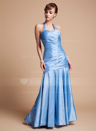 Sereia Frente única Vestidos longo Tafetá Vestido de madrinha com Pregueado (007004567)
