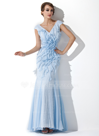 Havfrue V-hals Gulv lengde Chiffon Palliet-belagt Ballkjole med Profilering Blomst(er) (018024292)