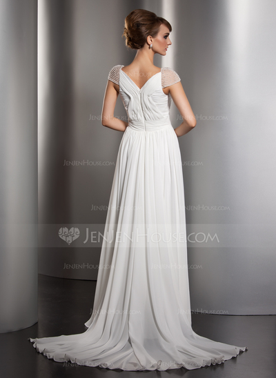 A-Line/Princess V-neck Watteau Train Chiffon Evening Dress With Ruffle Beading (017005601)