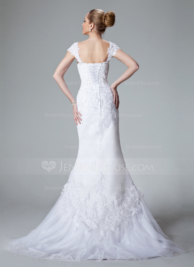 Mermaid Sweetheart Sweep Train Satin Tulle Wedding Dress With Lace Beadwork (002000438)