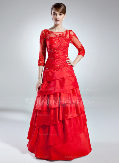 A-Line/Princess Scoop Neck Floor-Length Taffeta Tulle Mother of the Bride Dress With Lace Beading (008006255)