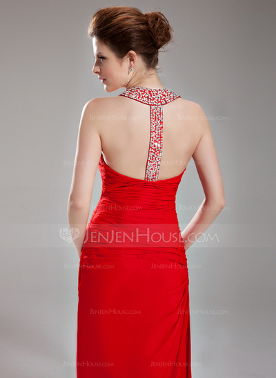 Tubo Frente única Vestidos longo Chifon Vestido de festa com Pregueado Beading Sequins (017002264)