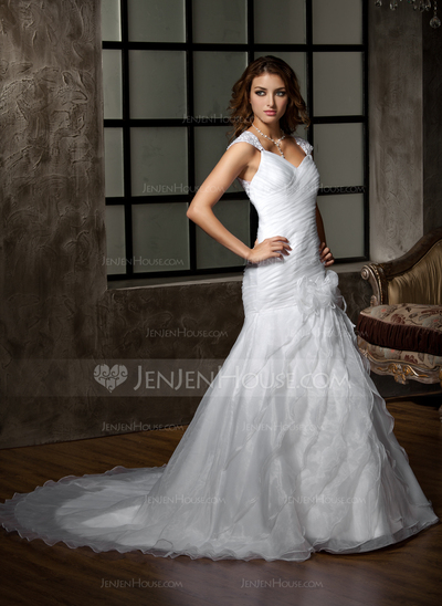 A-Line/Princess V-neck Court Train Organza Wedding Dress With Ruffle Lace Beadwork Flower(s) (002011399)