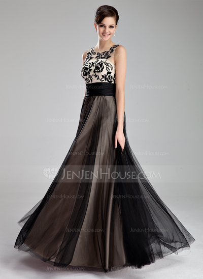 A-Line/Princess Scoop Neck Floor-Length Tulle Prom Dress With Ruffle Lace (018019083)