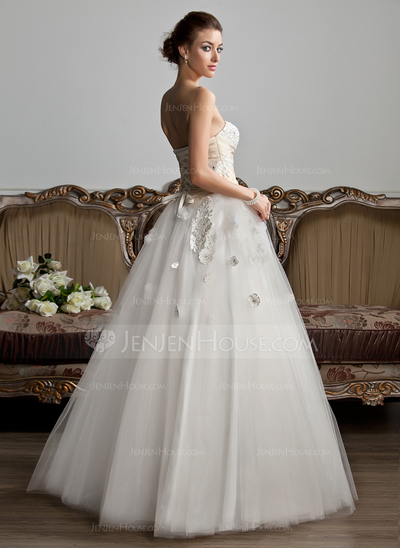 Ball-Gown Sweetheart Floor-Length Satin Tulle Wedding Dress With Ruffle Sashes Beadwork Appliques Flower(s) (002013803)