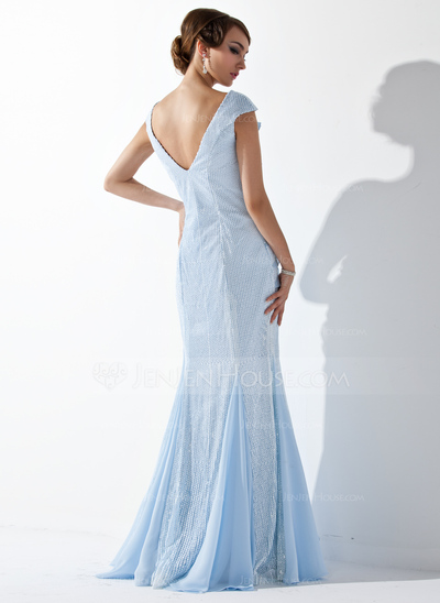 Havfrue V-hals Gulv lengde Chiffon Palliet-belagt Ballkjole med Profilering Blomst(er) (018024292)