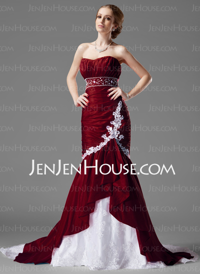 Mermaid Sweetheart Chapel Train Taffeta Lace Wedding Dress With Ruffle Beadwork (002000478)