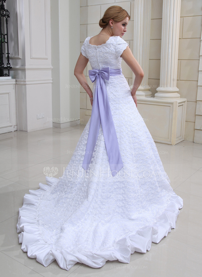 A-Line/Princess Scoop Neck Chapel Train Satin Lace Wedding Dress With Ruffle Sashes Beadwork (002000230)