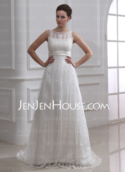 Vestidos princesa/ Formato A Decote redondo Cauda vassoura cetim Tule Vestido de noiva com Renda Bordado (002004543)