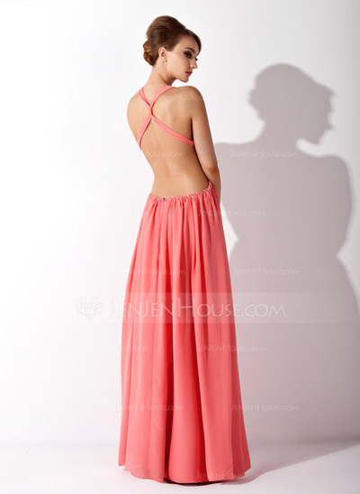 A-Line/Princess Halter Floor-Length Chiffon Prom Dress With Ruffle Beading (018020794)