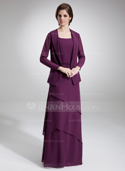 Sheath Scoop Neck Floor-Length Chiffon Mother of the Bride Dress With Beading (008006140)