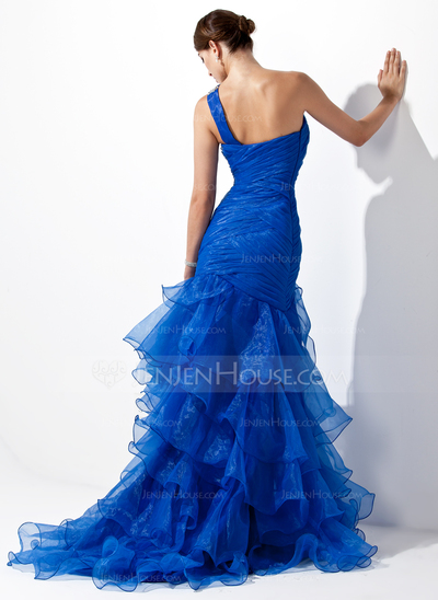 Mermaid One-Shoulder Sweep Train Organza Prom Dress With Ruffle Beading (018005077)