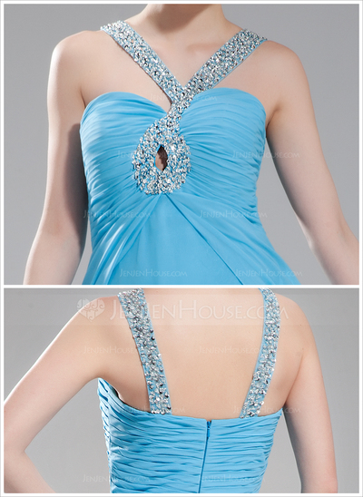 Empire V-neck Sweep Train Chiffon Evening Dress With Ruffle Beading (017004349)