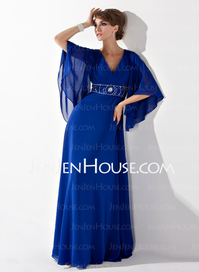A-Line/Princess V-neck Floor-Length Chiffon Mother of the Bride Dress With Ruffle Beading Sequins (008005706)