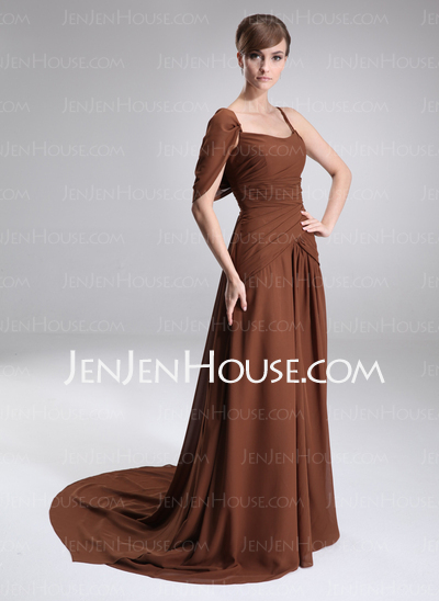 A-Line/Princess Scoop Neck Chapel Train Chiffon Charmeuse Oscar Style Dresses With Ruffle (028005025)