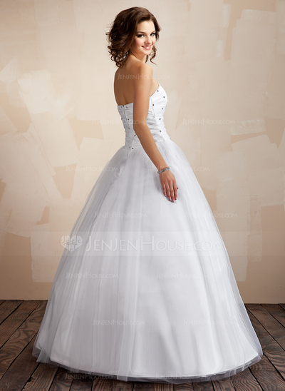 Ball-Gown Strapless Floor-Length Taffeta Tulle Wedding Dress With Ruffle Beadwork (002000041)