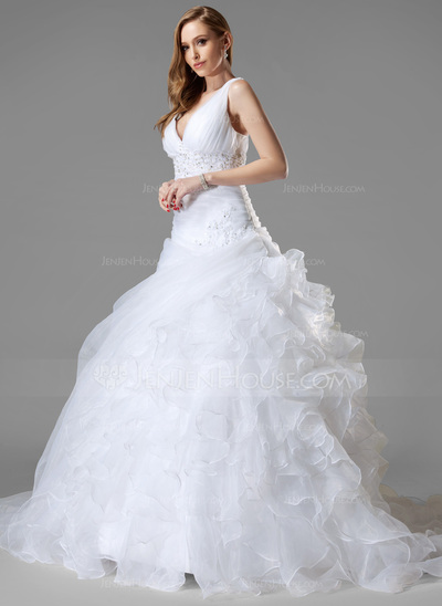 Ball-Gown V-neck Chapel Train Organza Satin Wedding Dress With Ruffle Lace Beadwork Sequins (002004781)