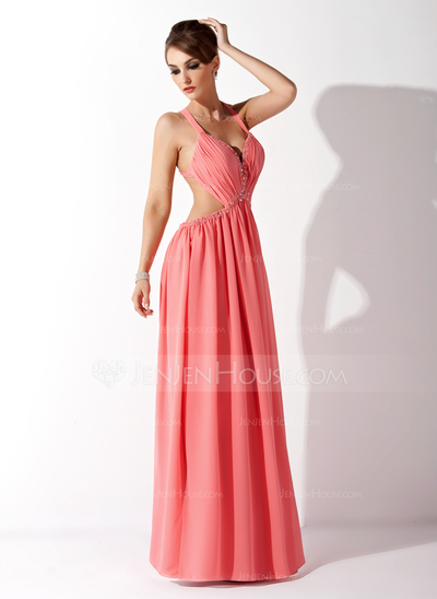 A-Line/Princess Halter Floor-Length Chiffon Prom Dress With Ruffle Beading (018020794)