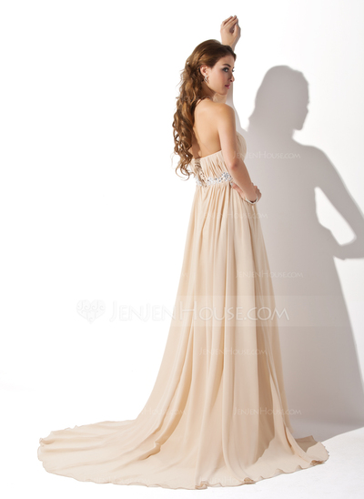 Empire Strapless Court Train Chiffon Wedding Dress With Ruffle Beadwork (002000454)