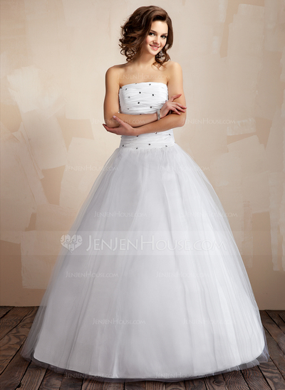 Ball-Gown Strapless Floor-Length Taffeta Tulle Wedding Dress With Ruffle Beadwork (002000041)