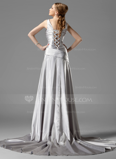 A-Line/Princess V-neck Court Train Charmeuse Evening Dress With Ruffle Crystal Brooch (017004173)
