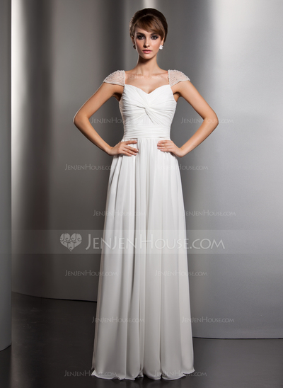 A-Line/Princess V-neck Watteau Train Chiffon Evening Dress With Ruffle Beading (017005601)
