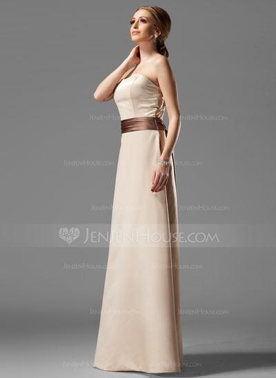 A-Line/Princess Strapless Floor-Length Satin Bridesmaid Dress With Sash (007004115)