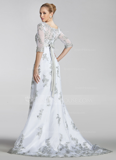 A-Line/Princess V-neck Court Train Satin Lace Wedding Dress With Sashes Beadwork Sequins (002004151)