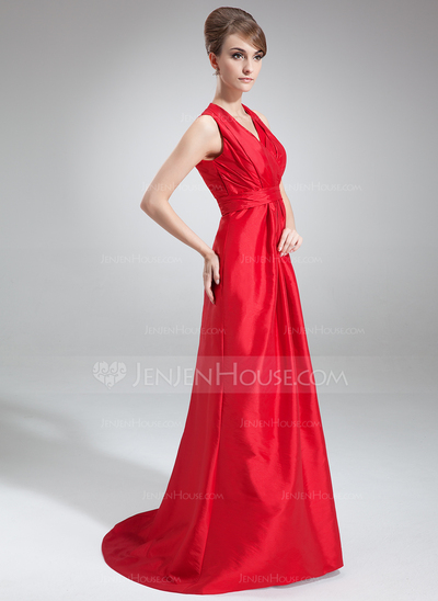 Vestidos princesa/ Formato A Decote V Cauda vassoura Tafetá Vestido de madrinha com Pregueado (007004301)