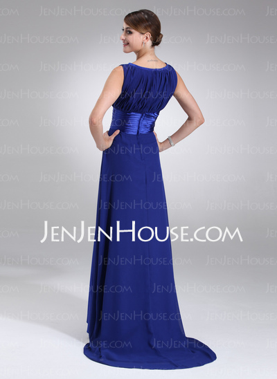 A-Line/Princess Scoop Neck Sweep Train Chiffon Charmeuse Evening Dress With Ruffle (017022545)