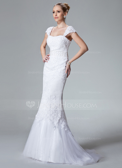 Mermaid Sweetheart Sweep Train Satin Tulle Wedding Dress With Lace Beadwork (002000438)