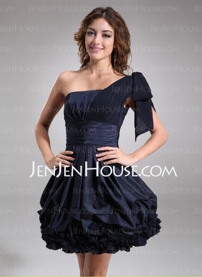 A-Line/Princess One-Shoulder Knee-Length Chiffon Taffeta Cocktail Dress With Ruffle (016008242)