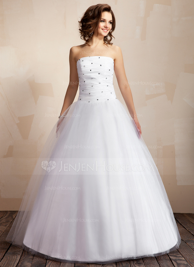 Ball-Gown Strapless Floor-Length Taffeta Tulle Wedding Dress With Ruffle Beadwork (002000041)