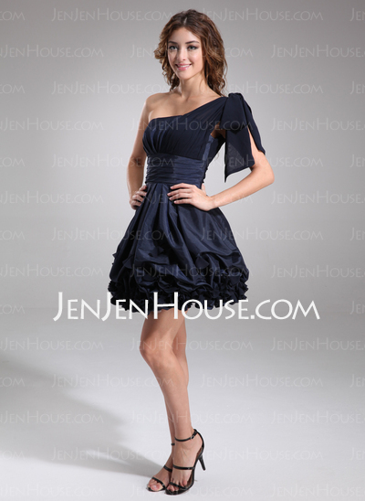 A-Line/Princess One-Shoulder Knee-Length Chiffon Taffeta Cocktail Dress With Ruffle (016008242)