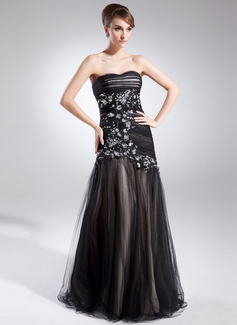 Corte sirena Escote corazón Hasta el suelo Tul Charmeuse Vestido de baile de promoción con Volantes Bordoneado Apliques (018015863)