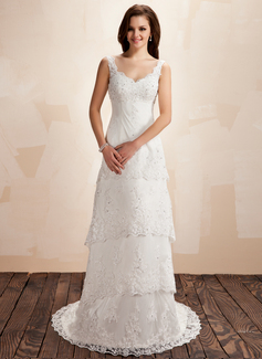 A-Line/Princess V-neck Court Train Satin Lace Wedding Dress With Beadwork (002000223)