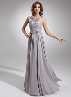 A-Line/Principessa Monospalla Al pavimento Chiffon Abito da sera con Increspature Perline (017016739)