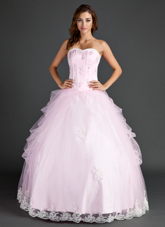 De baile Coração Vestidos longo Organza cetim Vestido quinceanera com Rendas Bordado Lantejoulas (021015586)