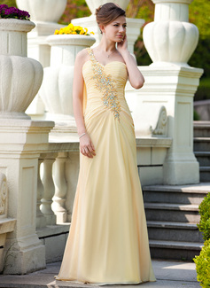 A-Lijn/Prinses Een-Schouder Korte Sleep Chiffon Moeder van de Bruid Jurk met Roes Kant Beading (008024569)