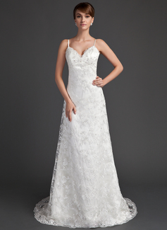 A-Line/Princess V-neck Sweep Train Satin Lace Wedding Dress With Beadwork (002000220)